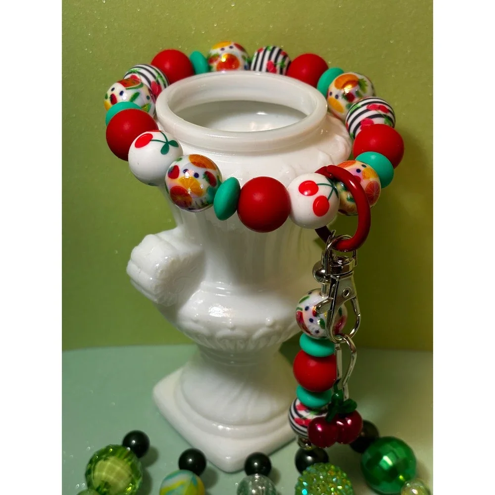 Handmade Beaded Makeup Brush Set Matching Cherry Wristlet Keychain Green Red